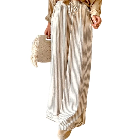 Women Casual Drawstring Elastic Waist Striped Wide Leg Pants with Pockets Khaki S
