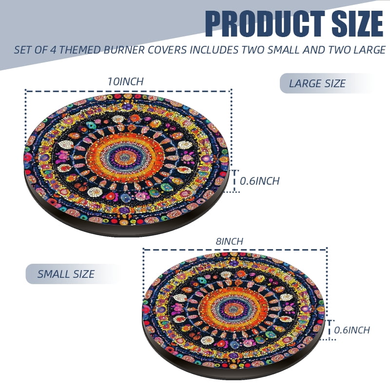 Round Stove Burner Covers for Electric Stove, Multicolor Vintage Bohemia Flowers Print Easy to Clean Gas Stove Burner Covers Set of 4 for Kitchen Cooktop Decor, 8 Inches and 10 Inches