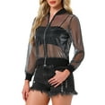 thumbnail image 4 of INSPIRE CHICBomber Jacket for Women's Sheer Mesh Glitter Shiny Long Sleeve Zip Up Jackets L Black Silver, 4 of 5
