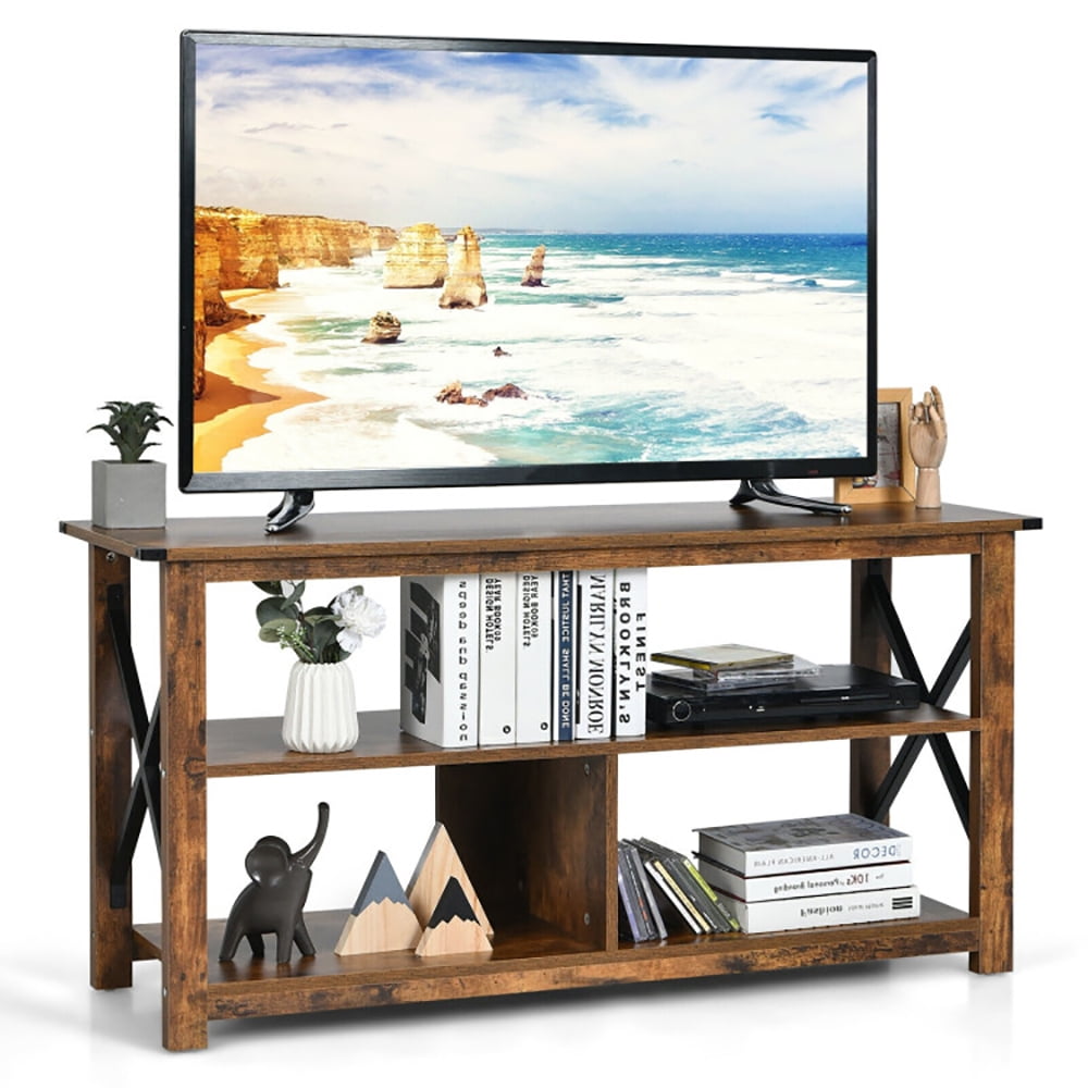 Finihen TV Stand, TV Cabinet, 3 Tier Wood TV Stand for 55-Inch with Open Shelves and X-Shaped Frame, Media Entertainment Center with Storage, for Living Room, Bedroom, Brown