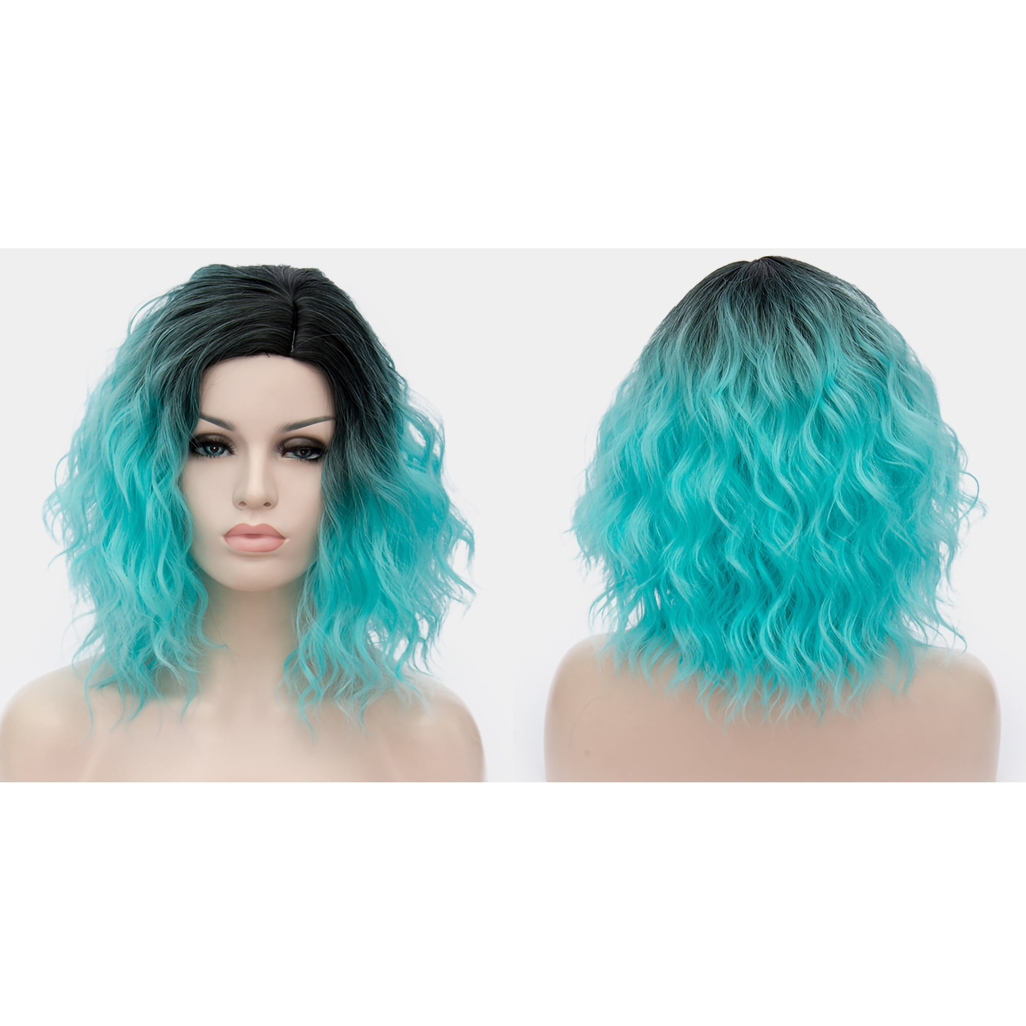 Unique Bargains Human Hair Wigs for Women Lady Curly Wig Cap Fluffy Curly Wavy Black Blue