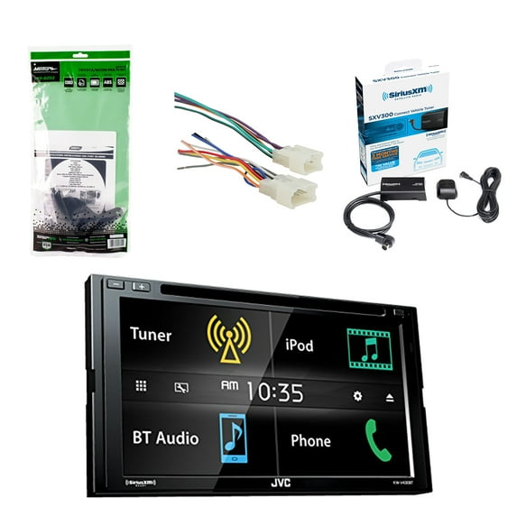 JVC 6.8 Inch LCD Touchscreen 2-DIN Bluetooth Car Stereo Receiver W/SiriusXM Satellite Radio Vehicle Tuner Kit, Metra Toyota DDIN Multi Dash Kit & Radio Wiring Harness For Toyota 87-Up Power 4 Speaker.