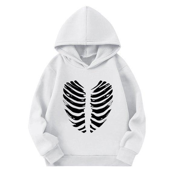 yardsong Halloween Cute Hoodies for Teen Girls Skeleton Print Long Sleeve Soft Graphic Hooded Sweatshirts Pullover Fall Winter Hoodie White,11 Years