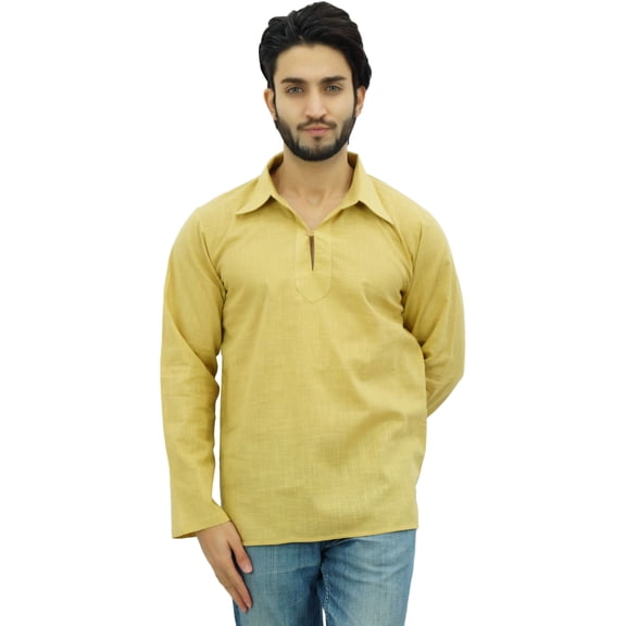 Atasi Indian Ethnic Men's Short Kurta Full Sleeve Collar Cotton Beige Shirt-Medium