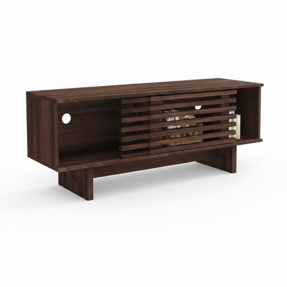 Mid-Century TV Stand for 65 Inch TVs Entertainment Center with Sliding Door Storage Cabinet Walnut