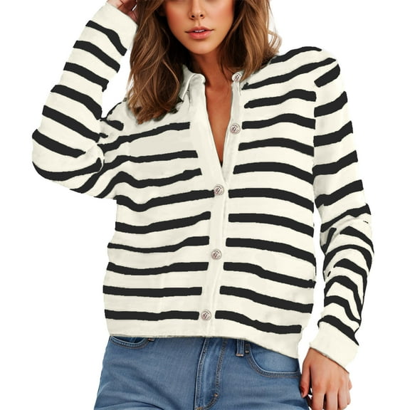 Fall Cardigan Sweaters for Women New Women Striped Cardigan Fall Outfit Clothes Fashion Cropped Jackets Trendy Casual Long Sleeve Sweaters Beige L