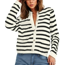 ZQUUVOU Women's Striped Cardigan Sweaters Crewneck Button Down Long Sleeve Casual Cropped Knit Lady Tops Beige