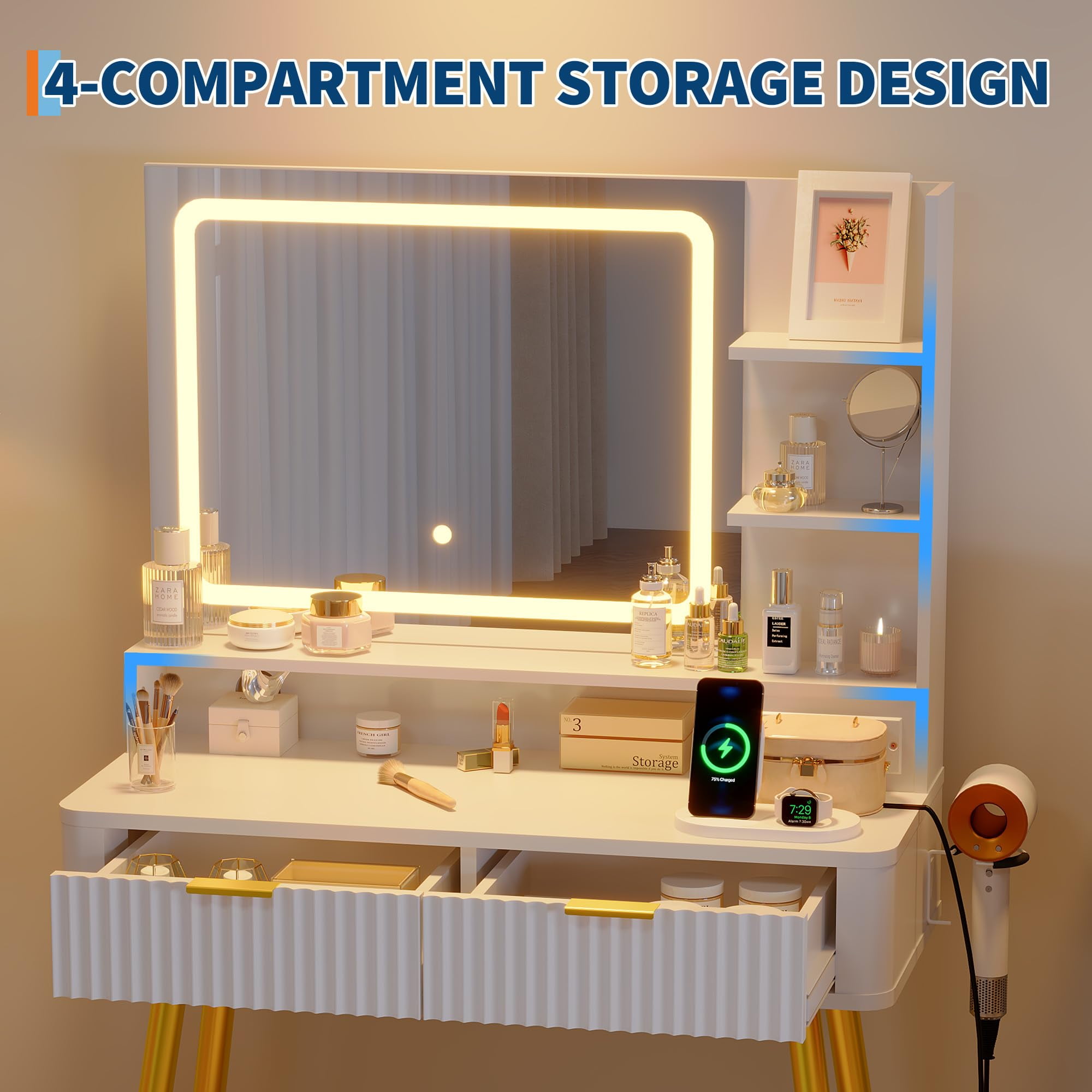 Fluted Vanity Desk with Mirror and Lights, 31 in Small Makeup Vanity Storage Cabinet & 2 Drawers, 3 Lighting Modes, Stylish Dressing Table for Bedroom