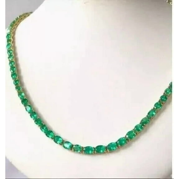 20Ct Oval Cut Lab-Created Emerald Tennis Necklace Women's 14k Yellow Gold Plated