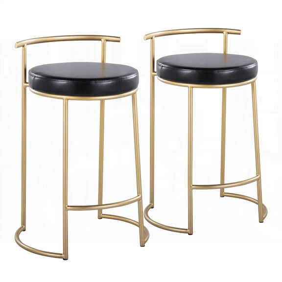 Modern 26" Round Gold Metal & Black Faux Leather Counter Stools - Set of 2