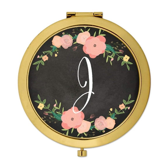 Koyal Wholesale Gold Compact Mirror Bridesmaid's Wedding Gift, Pink Peach Florals | Chalkboard, Monogram Letter J, 1-Pk