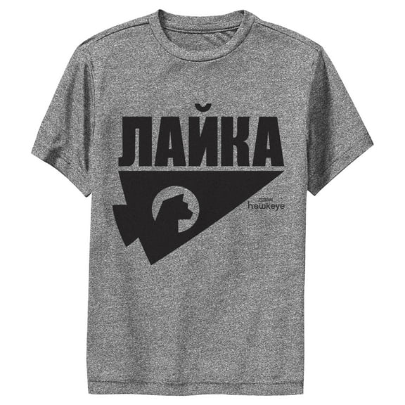 Boy's Marvel Hawkeye Russian Hawkeye Logo  Performance Graphic Tee Charcoal Heather Small