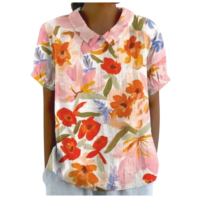 YDLCAFD T-Shirt Été Élégant Col Rond en Lin Imprimé Ample Vintage Décontracté