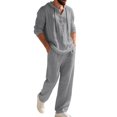 thumbnail image 2 of Men's Linen Blend 2 Piece Outfit Hooded Henley Shirt Drawstring Wide Leg Pants Set Gray XL, 2 of 10