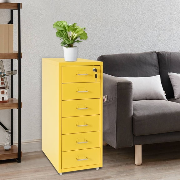 6 Tiers Vertical File Cabinet Metal File Cabinet with Lock Modern Style Yellow Filing Cabinet with Wheels