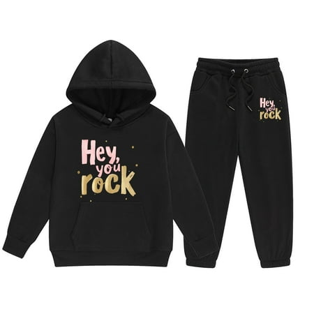 Girls Outfits&Set Children s Long Sleeved Letter Print Hooded Top Sweater Pants Set for Kids