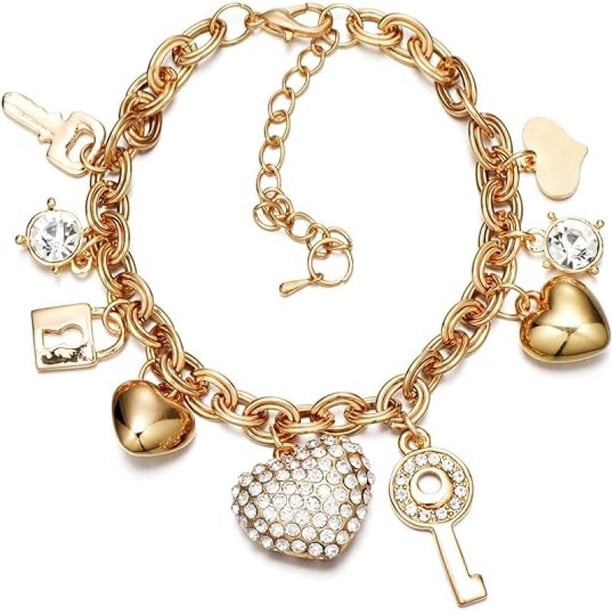 Pulsera de eslabones de cadena de oro - Pulseras con cierre de amor extensor de 7 "+ 2" para mujeres y niñas, con corazón de amor, llave, candado, pulsera con dijes