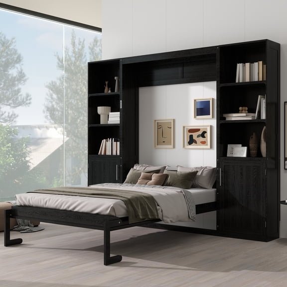 Euroco Wood Queen Size Murphy Bed with Storage Cabinets, Wall Bed with Shelves, Black
