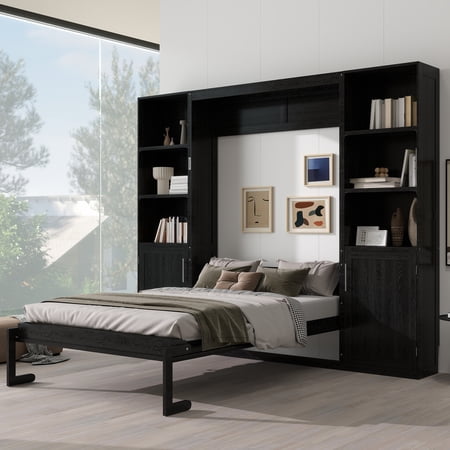 Euroco Wood Queen Size Murphy Bed with Storage Cabinets, Wall Bed with Shelves, Black
