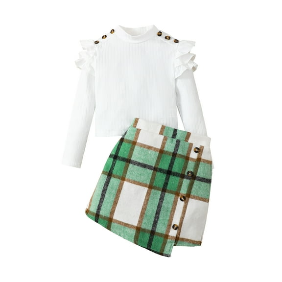 Kucnuzki 9 Years Big Girls Winter Outfits 10 Years Big Girls Warm Clothes Set Ruffle Long Sleeves Pullover Top Solid Color Knit Top Plaid Skirt Button Skirt 2PCS Skirt Sets Green