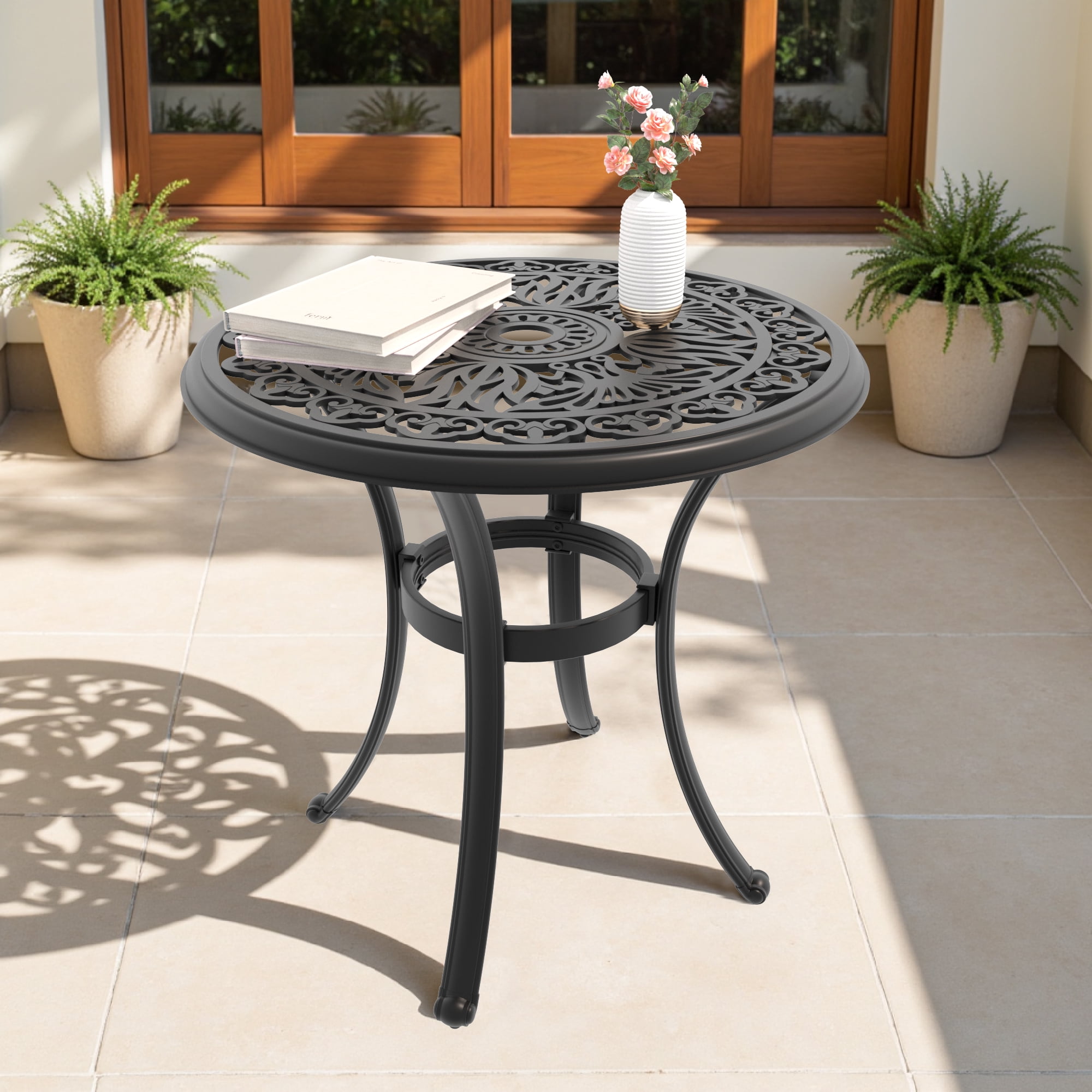 Round Cast Aluminum Patio Dining Table with Black Frame and Umbrella Hole for Garden Deck, Black