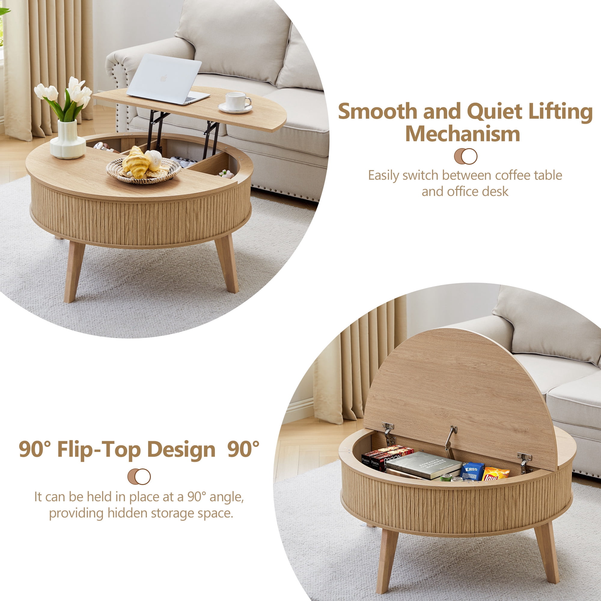 PHOYAL 4 in 1 Fluted Round Coffee Table with Flip Top and Lift Top, Round Coffee Table with Hidden Compartments Storage for Living Room, Natural