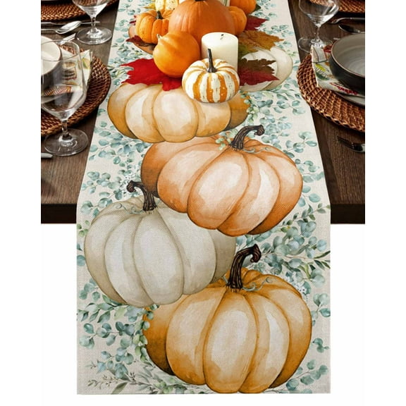 Fall Table Runner Thanksgiving Orange White Pumpkin Table Runners Green Eucalyptus Leaf Cotton Linen Dresser Scarf Kitchen Dining Table Decor for Fall Holiday Party Decor 13x72 Inch