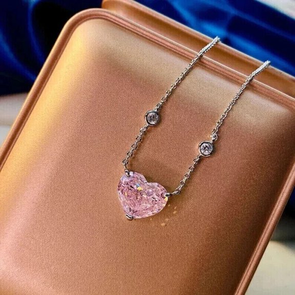 Heart Cut Simulated Pink Sapphire Stunning Heart Necklace 14k White Gold Plated