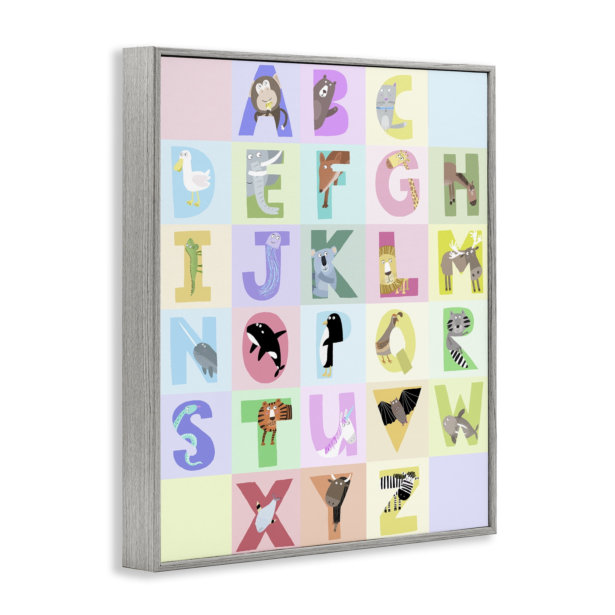 Stupell Industries Animal Alphabet in Pastels Gray Framed Giclee Art, design by Carla Daly