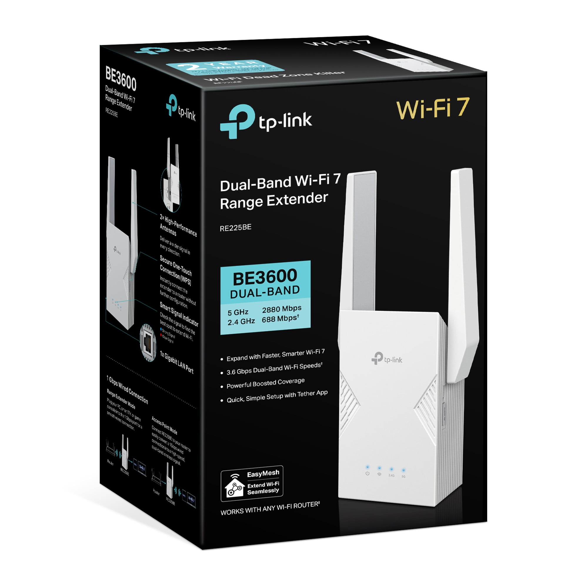 TP-Link BE3200 Wi-Fi 7 Dual-Band, Range Extender with Fast 3.2 Gbps Transfer Rate, Smart Roaming for Seamless Home Wireless Coverage and Direct Connection through Gigabit Ethernet Port – RE3200BE