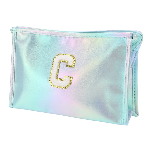 Bolsas de maquillaje de letra C para mujeres, 1 pieza, duraderas, ideales para vacaciones y actividades al aire libre, color azul PU