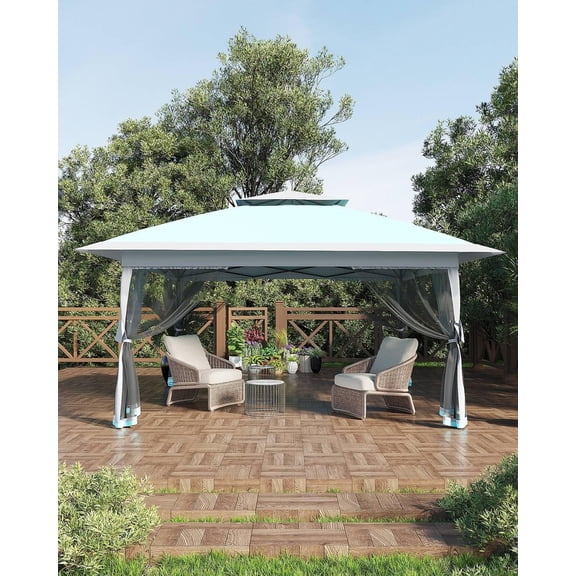 Garvee 12x12 Gazebo with Mosquito Netting, Pop up Canopy Tent Easy Setup with 4 Sand Bags, 3 Height Adjustable for Backyard Garden Patio, Light Blue