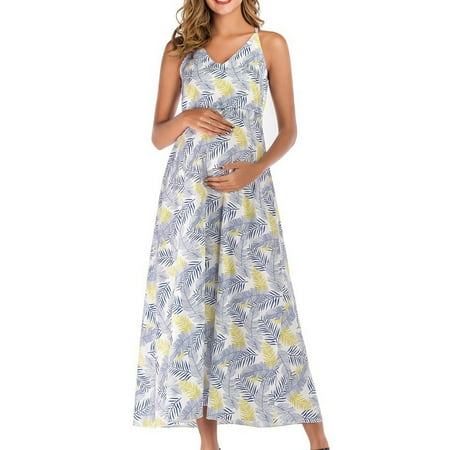 

Odeerbi Maternity Dress Summer Round Short Sleeve Flower Print V-neck Dress Fashion Skirt Light blue
