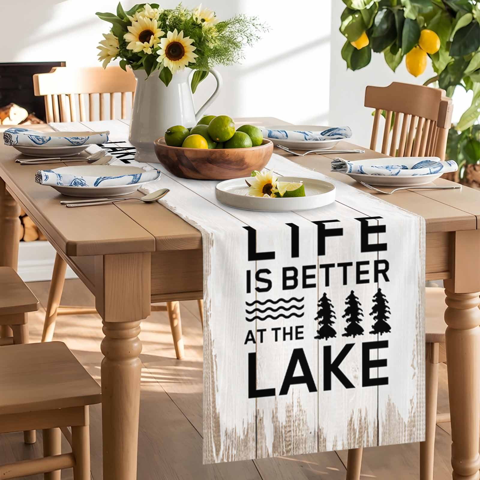 Summer Quotes Lake and Forest Table Runner 90 Inches Long, Farm Wooden Frain Table Runners Tabletop Scarf Kitchen Dining Tables Decoration for Home Party Indoor Outdoor