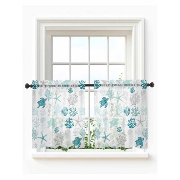 Turquoise Coastal Tier Curtains 36 Inch Length,Sheer Curtains for Bedroom Living Room Window Nautical Summer Beach Coral Sea Turtle Voile Drapes Kitchen Curtains Small Half Window 27.5"x36" 2 Panels