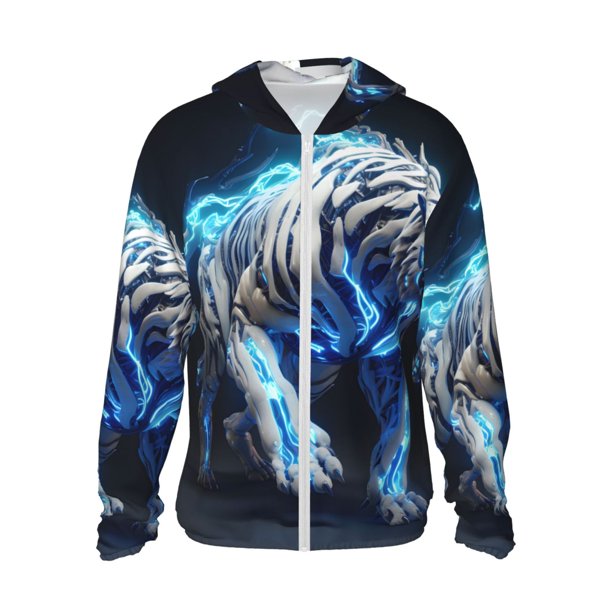 Fotbe Futuristic Blue Light White Tiger Chaqueta con Protección Solar UPF 50+ para Hombre y Mujer, Camisa con Capucha y Bolsillos-3X-Large