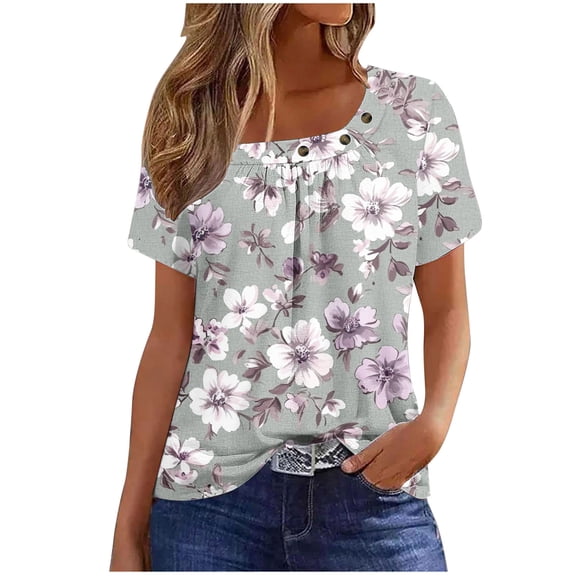 Lorytime Over Sized T Shirt Women Short Sleeve Shirts Crew Neck Summer Tee Hawaii Ruffle Loose Casual Clothes Gray XL