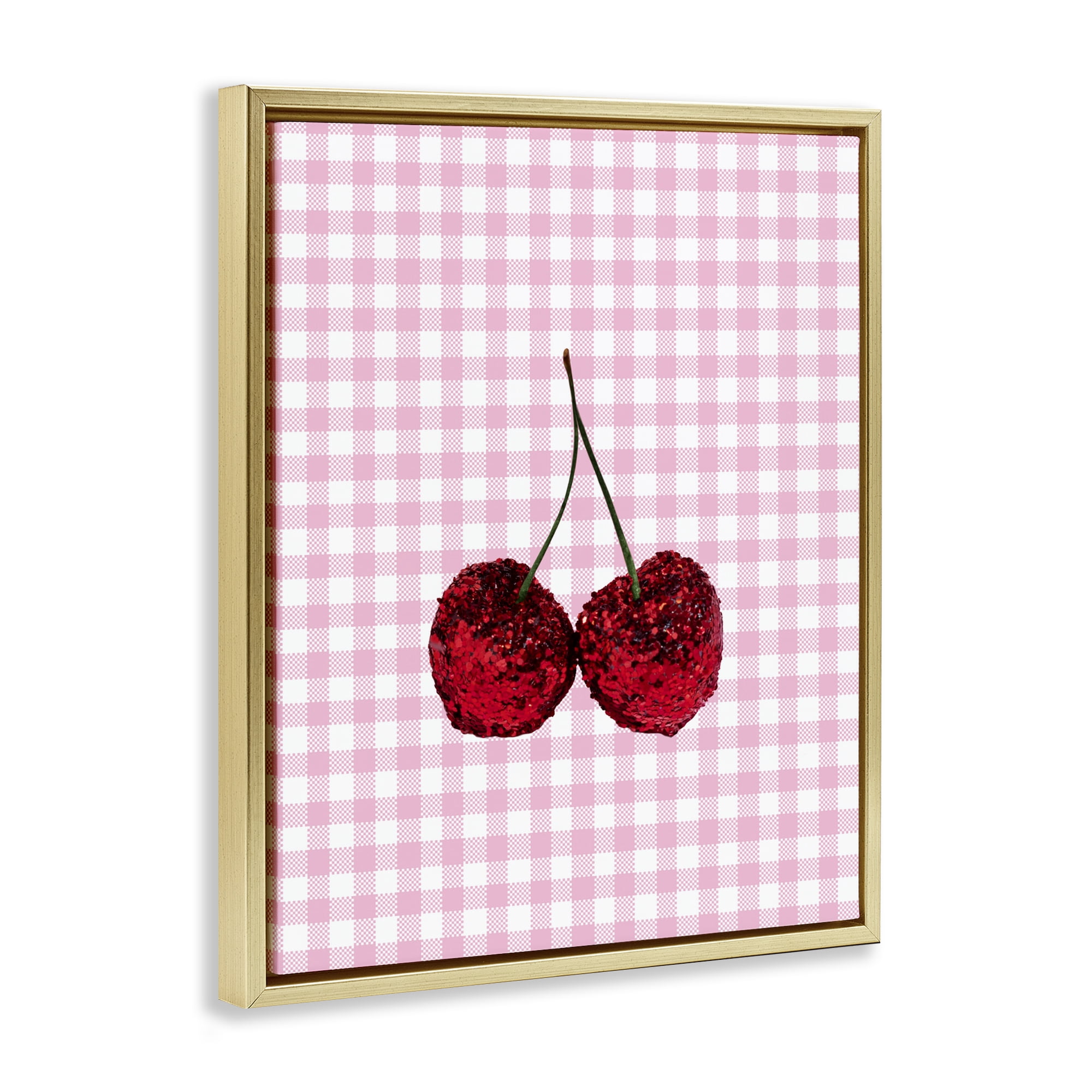 Stupell Industries Glitter Cherry on Pink Gingham Gold Framed Floater Canvas Wall Art, design by LISH Creative