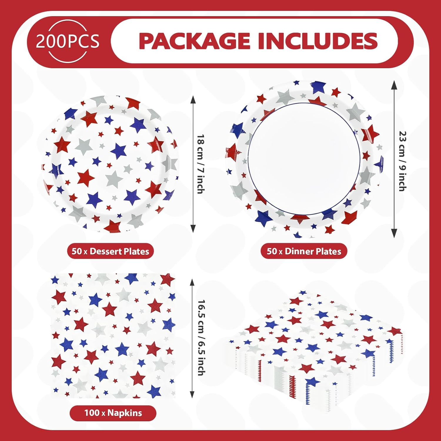 Patriotic Party Tableware Set, 200-Piece Plates And Napkins, Red Blue White American Flag Design, Disposable Supplies For 4th Of July, Memorial Day, Election, Serves 50