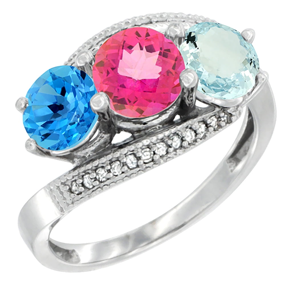 10K White Gold Natural Swiss Blue Topaz, Pink Topaz & Aquamarine 3 stone Ring Round 6mm Diamond Accent, sizes 5 10 by WorldJewels