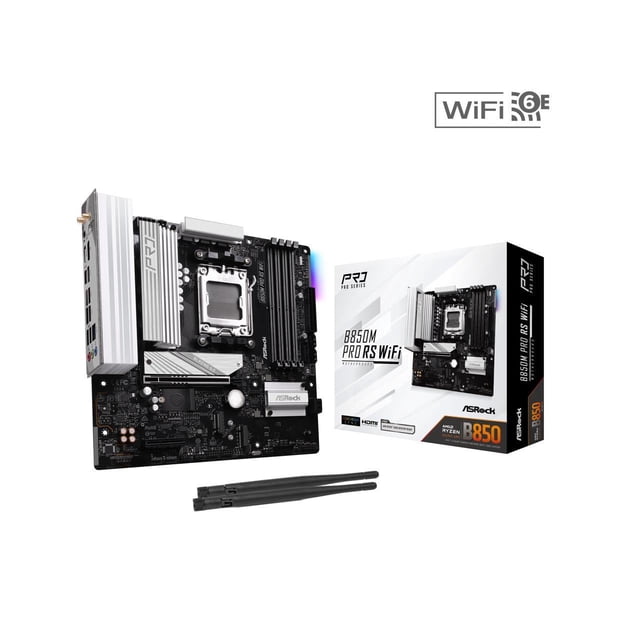 ASRock B850M PRO RS WIFI AM5 AMD B850 SATA 6Gb/s Micro ATX Motherboard featuring an AM5 socket for Ryzen 7000, 8000, and 9000 series processors. Includes support for DDR5 memory up to 8000+ MHz, PCIe 5.0 x16 slot for graphics, multiple M.2 slots including PCIe 5.0 x4, and 8+2+1 power phase design with Dr.MOS. Equipped with 2.5 Gbps LAN and Wi-Fi 6E wireless connectivity. The image shows the motherboard alongside its retail packaging and included antennas.