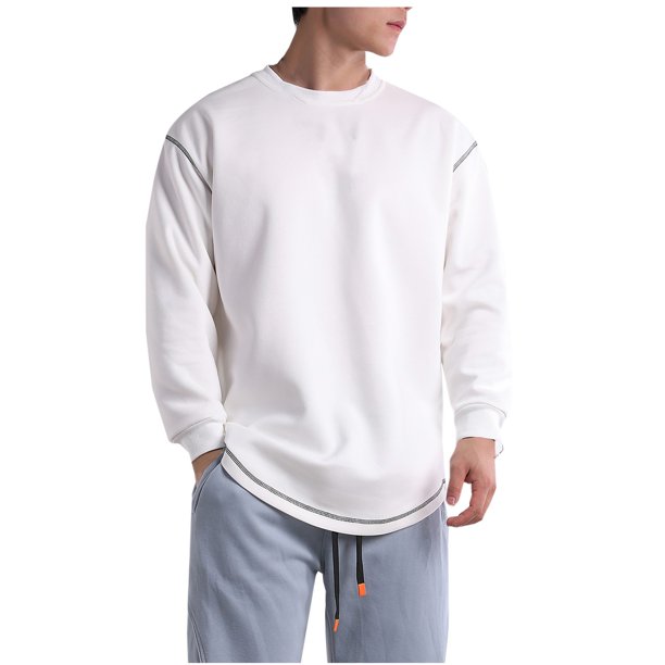 Blusas y camisas de manga larga y cuello redondo para hombre, estilo casual, de color liso, de poliéster y algodón.