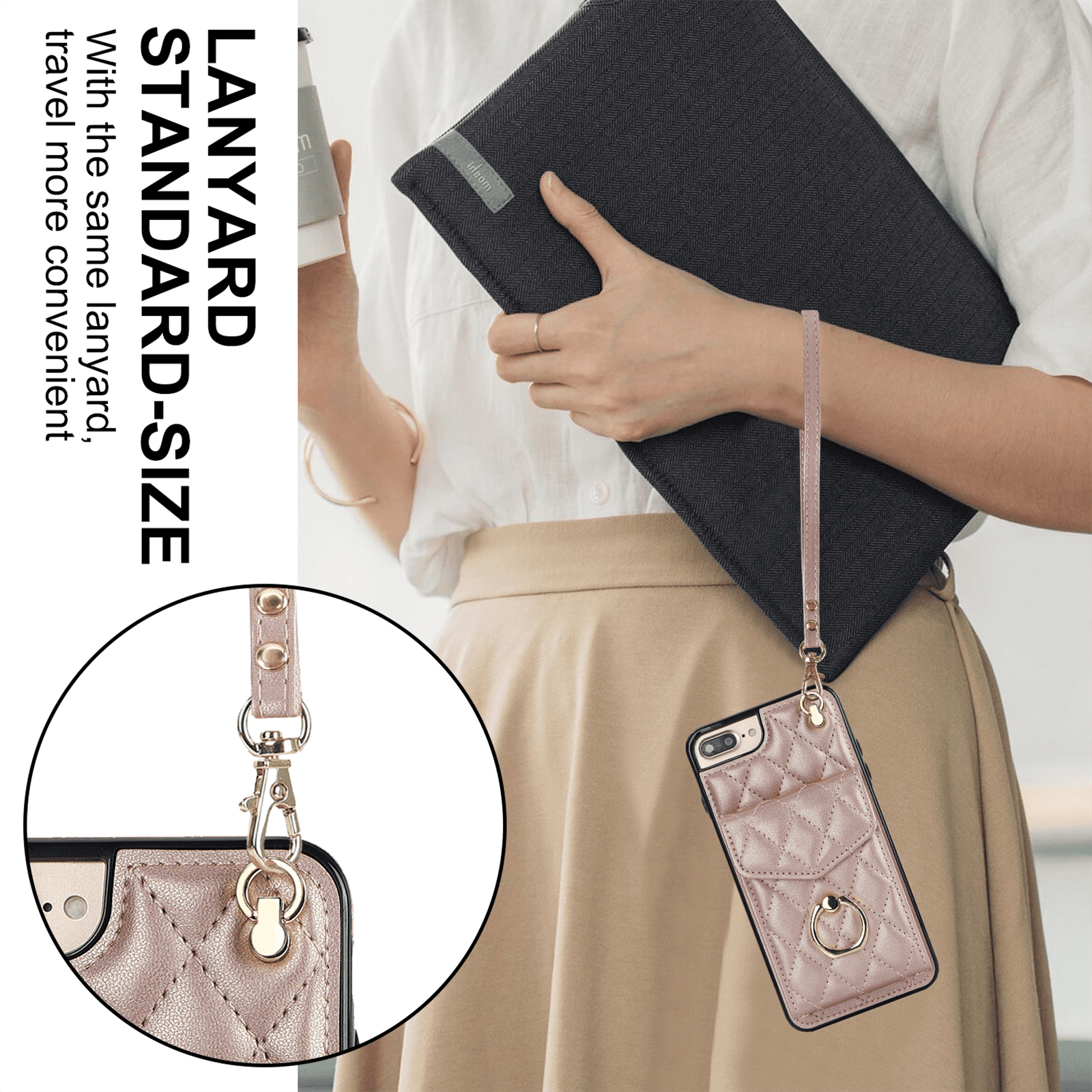 Asuwish Wallet RFID Blocking PU Leather Cell Phone Case with Tempered Glass Screen Protector, Wrist Strap for iPhone 7 Plus/8 Plus, Rose Gold