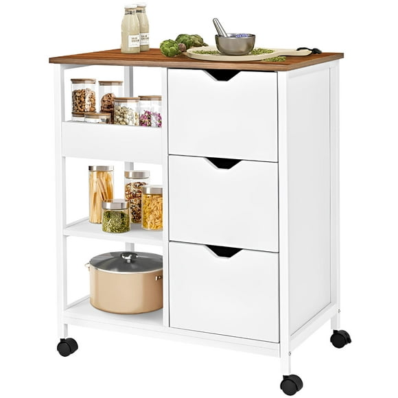 Rolling Kitchen Island Cart with 3 Pull-Out Drawers and 3 Storage Shelves, Utility Kitchen Storage Cart with Bamboo Wood Countertop, White