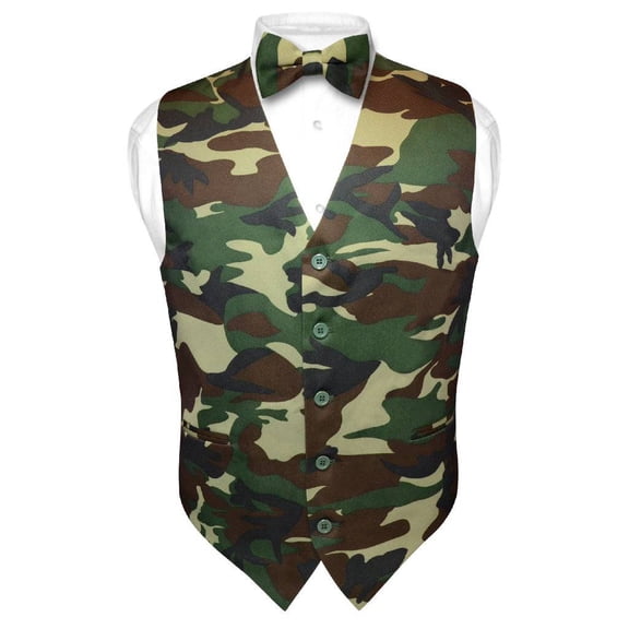Men's ARMY Dress Vest & BOWTIE Green Camouflage Color Bow Tie Set Small