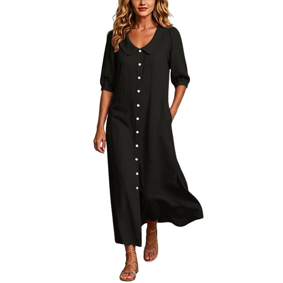 MaFYtyTPR Women's Collared Maxi Dress Button Down 3/4 Sleeve Relaxed Fit Shirt Dress with Pockets for Daily Wear A-Black L
