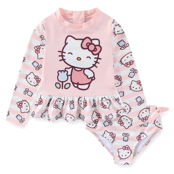 Hello Kitty Sanrio UPF 50  Long Sleeve Rash Guard and Bikini Bottom Two Piece Swimsuit Set (Girls), Sizes 5-10