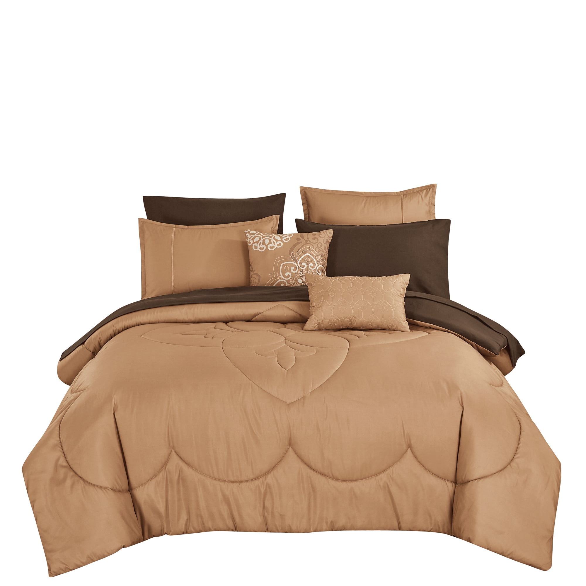 9-Piece Camel & Chocolate Brown Comforter Set, Luxury Bedding with Sheets and Decor Pillows, Cal King