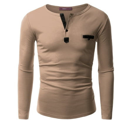 Four Button Long Sleeve Henley - Doublju Men's Long Sleeve Leather Point Henley T-shirts