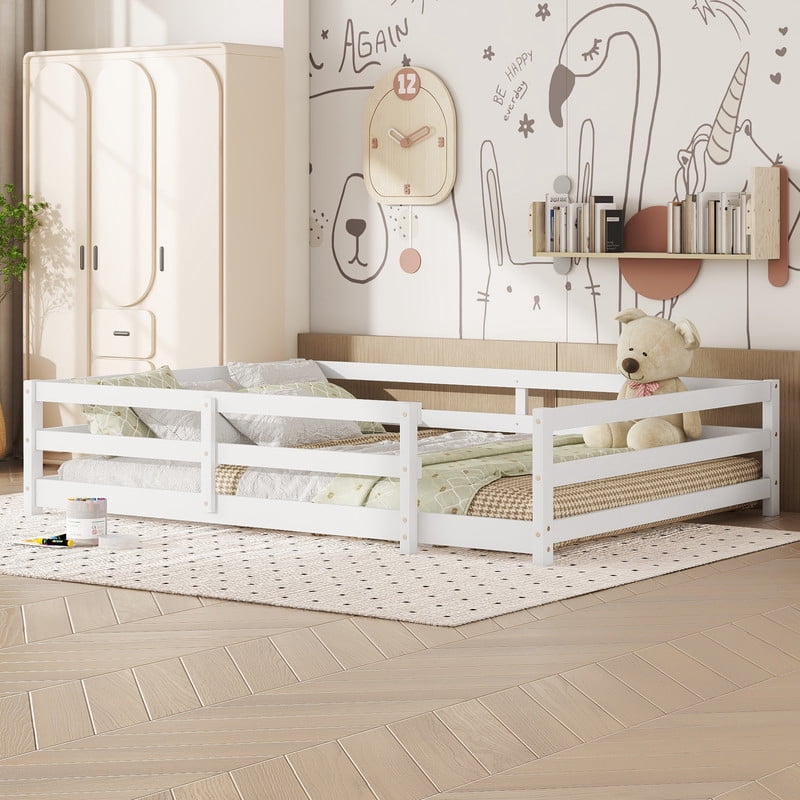 Mirightone Wood Full Montessori Bed Frame, Full Bed Frame with Rails, Toddler Floor Bed for Kids – White
